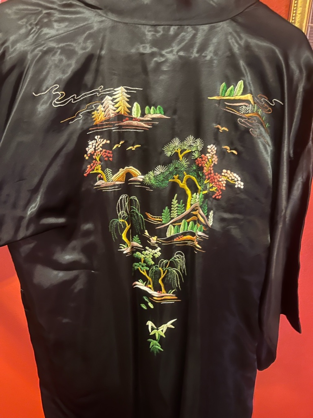 Black Satin Embroidered Scenic Kimono Jacket